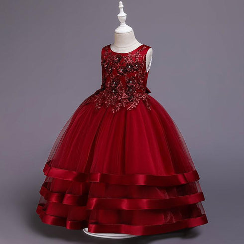 Flower Princess Dress Lace Beaded Multi-Layer Satin